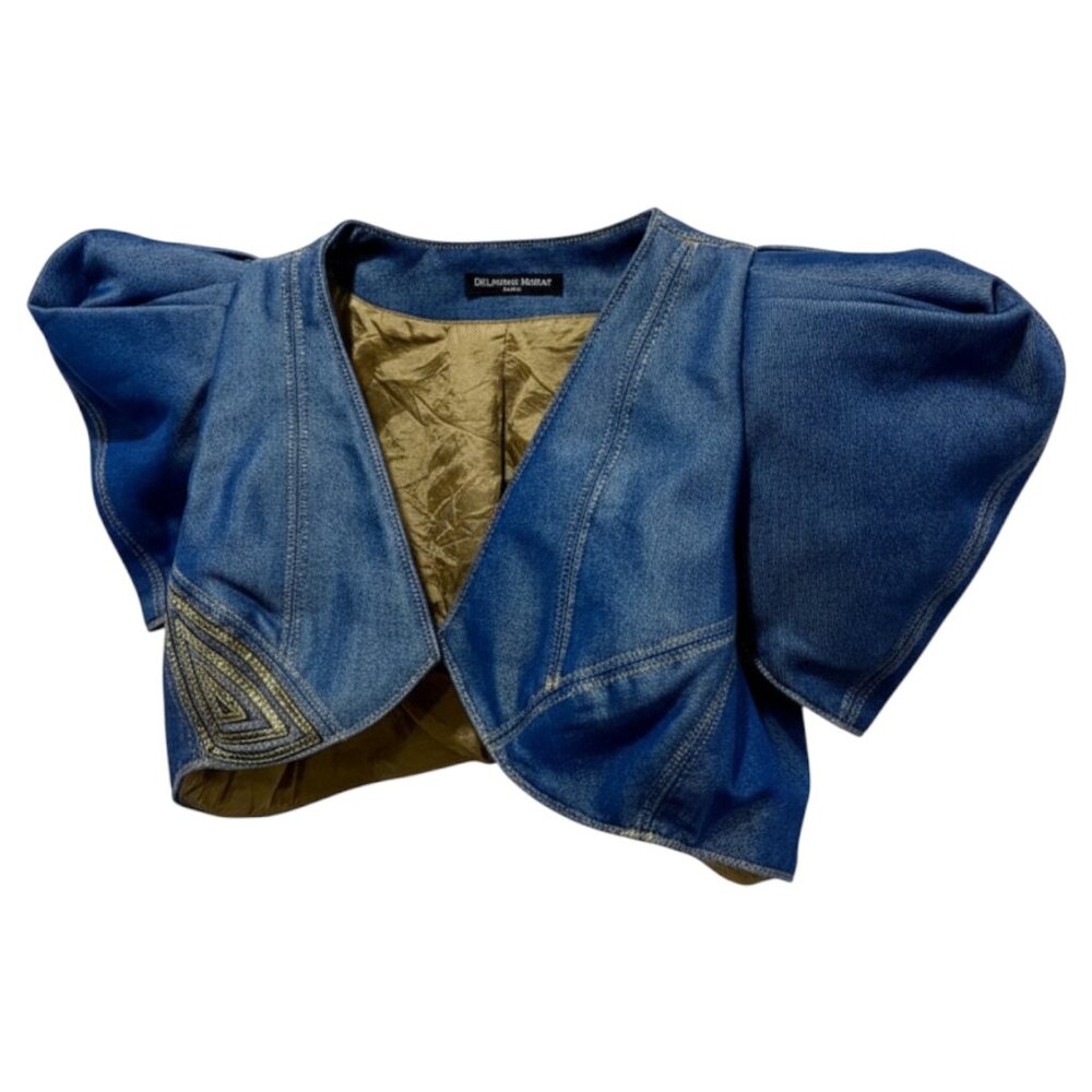 DELPHINE MURAT- VINTAGE - METALIZED DENIM  BOLERO - GOLD RIBBONS EMBRODERED - XS